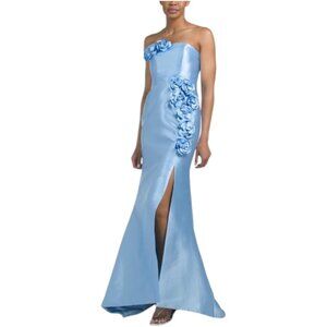 TERANI COUTURE Strapless 3d Floral Gown With Front Slit